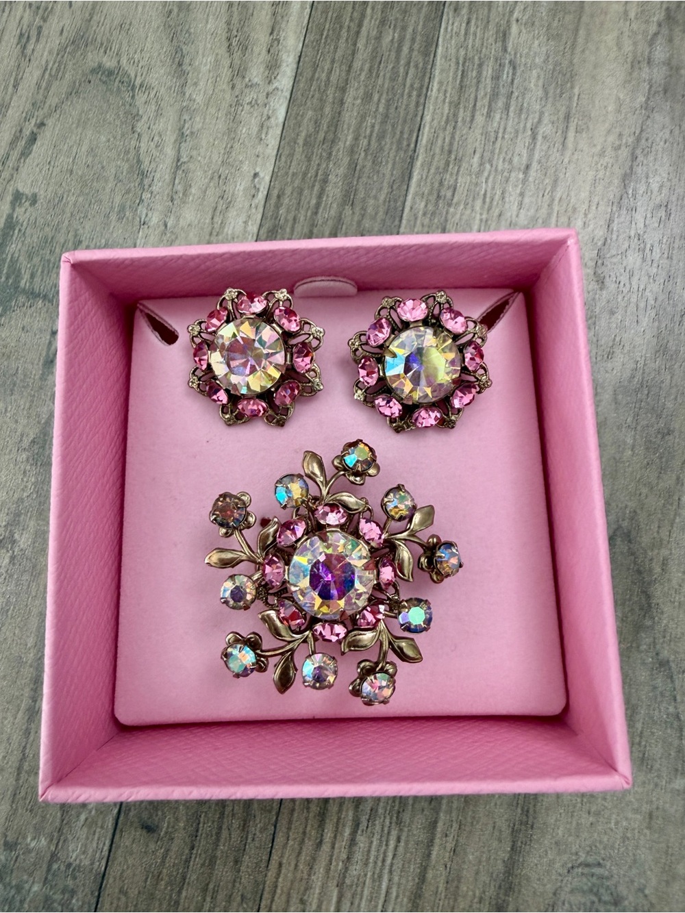 Antique Pink Aurora Crystal Flower Brooch and Clip Earring Set